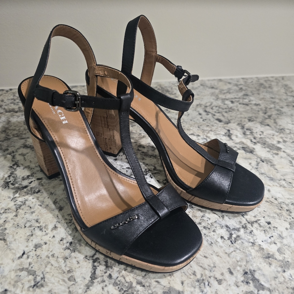 Coach BRIANNA Platform Strappy Heels Sz 6 Black Leather